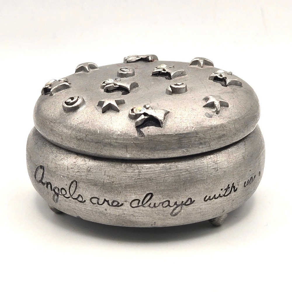 Angels Are Always With Us Pewter Trinket Box Rhinestone Stars Keepsake Jewelry‎